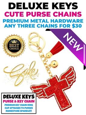 DeLuxe Keys Rhinestone Keychain/Purse Chain RED CROSS WITH WINGS